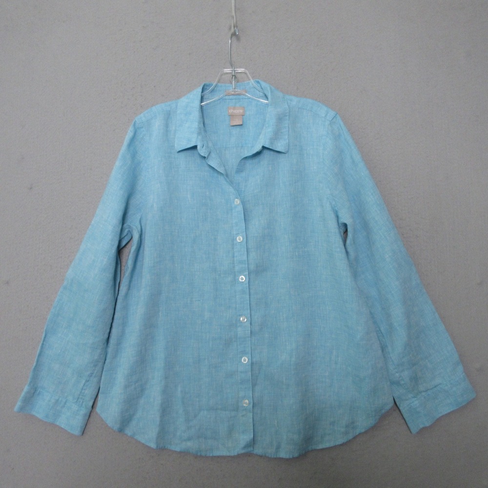 Chicos Top‎ 10 Blue No Iron 100% Linen Tabbed Sleeve Coastal Beachy Timeless